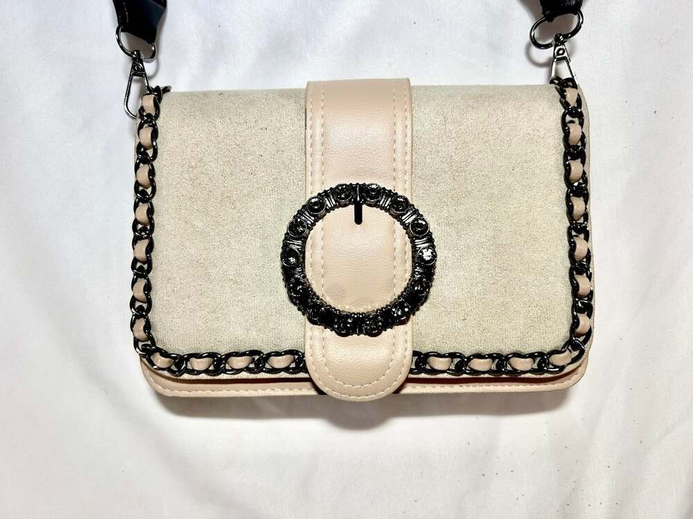 Tan crossbody jewel accent sued adjustable strap purse READ